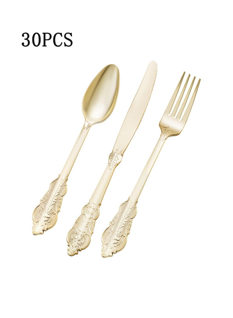 30PCS Gold Plastic Silverware, Heavy Duty Gold Disposable Utensils Sets, Includes 10 Forks, 10 Spoons, 10 Knives, Elegant Cutlery Perfect for Wedding, Party - Image 1